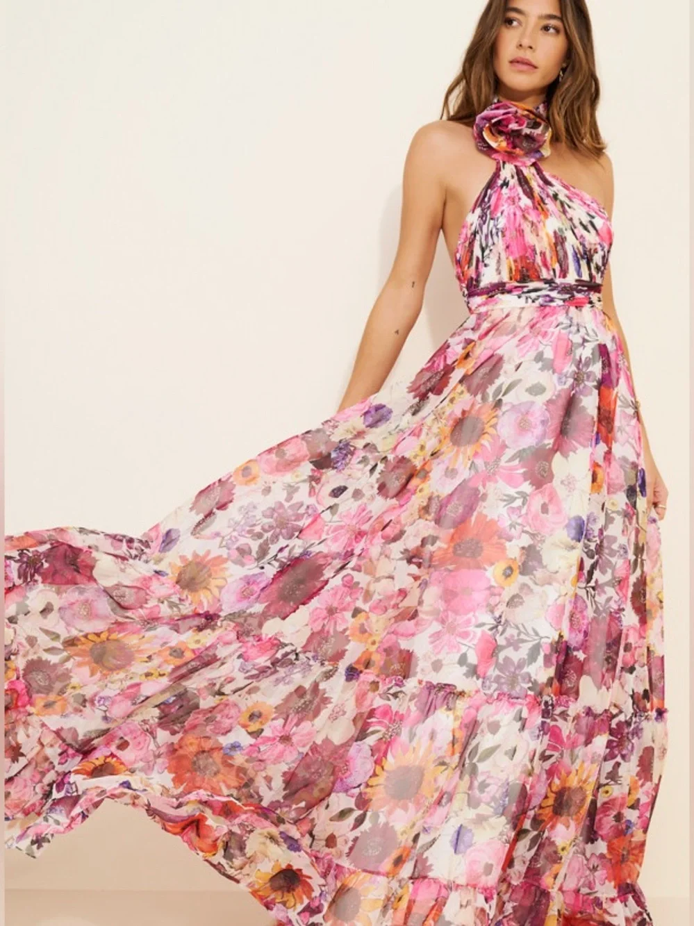 Mac Duggal asymmetrical ruched halter maxi gown floral chiffon 38229